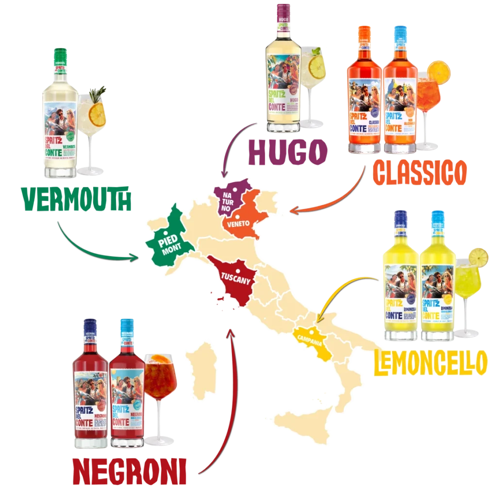 A map of Italy with Spritz Del Conte products associated with various regions
