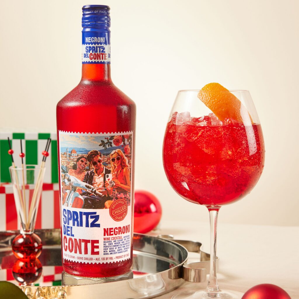 Spritz del Conte's Italian Spritz cocktail sits on a table, ready to serve